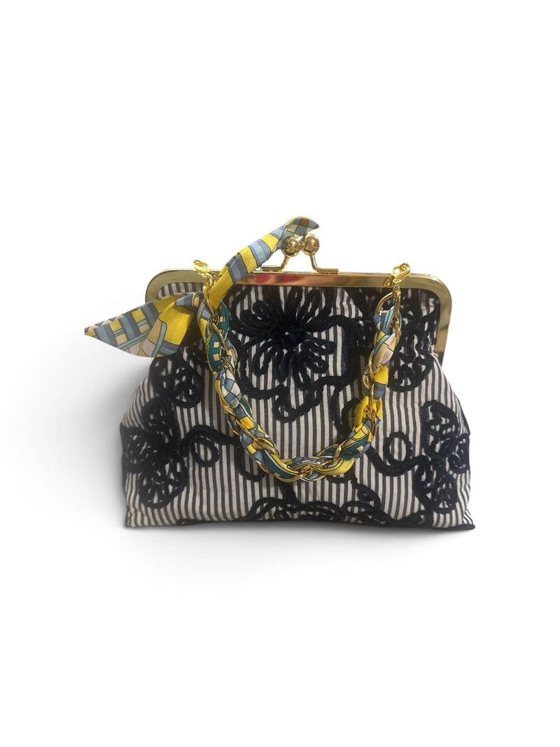 Glenda Gies | COCO: Navy & Ivory Stripe with Raised Floral Detail