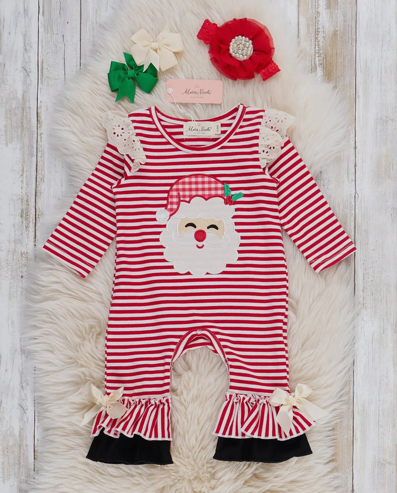 Stripe Santa Ensemble Embroidered Ruffle Romper