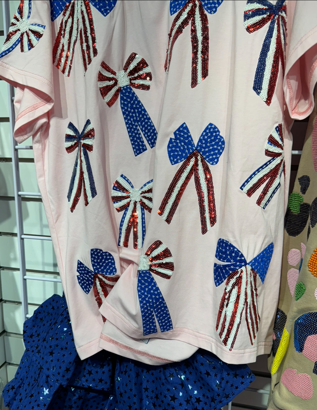 Queen of Sparkles Light Pink -Red White Blue Scattered bows