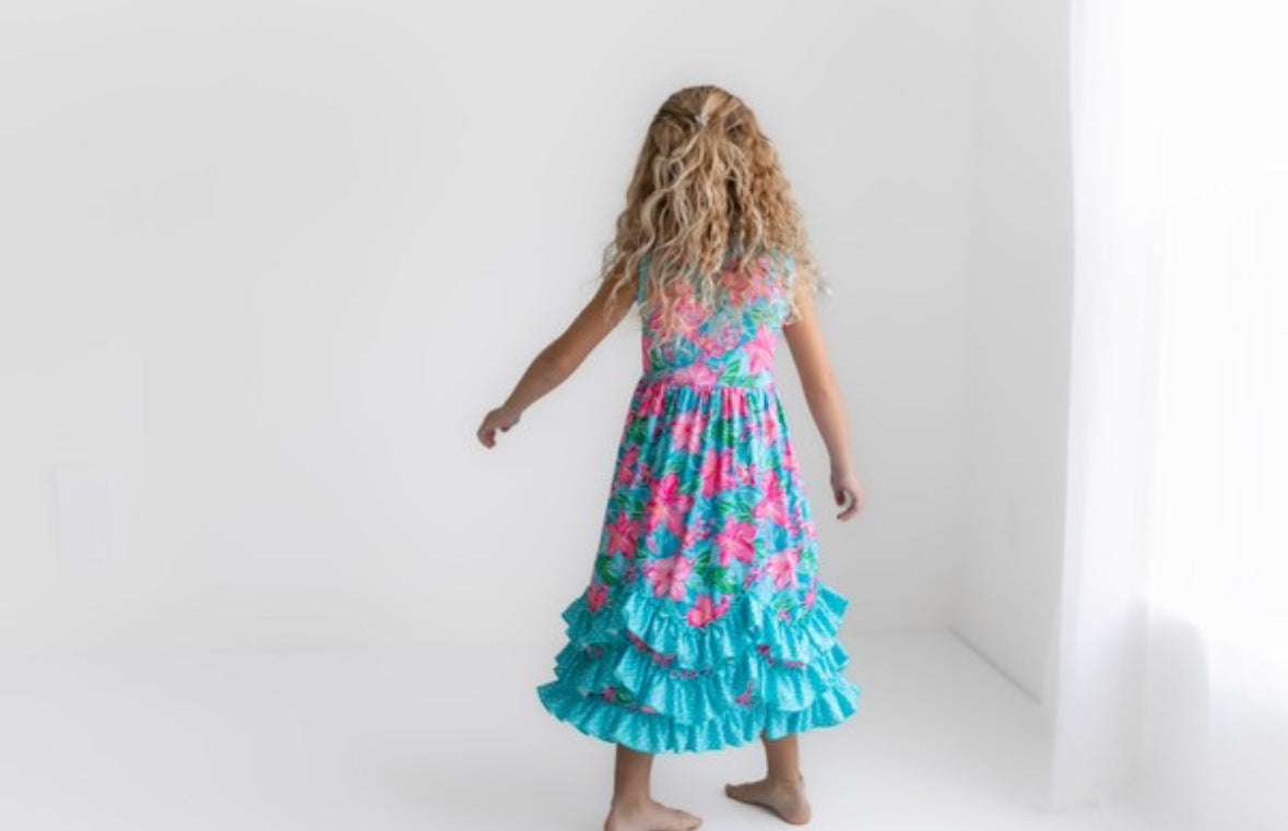 Pink Blue Tropical 3 Ruffle Easter Dress