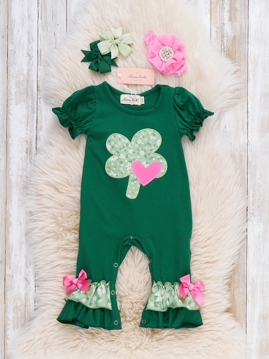 Shamrock Sweetheart Embroidered Ruffle Romper