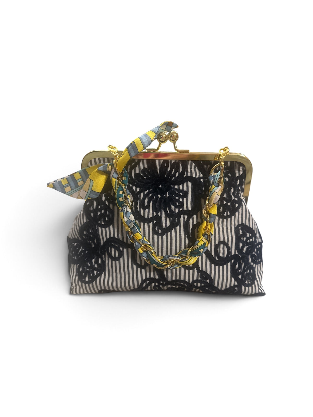 Glenda Gies | COCO: Navy & Ivory Stripe with Raised Floral Detail