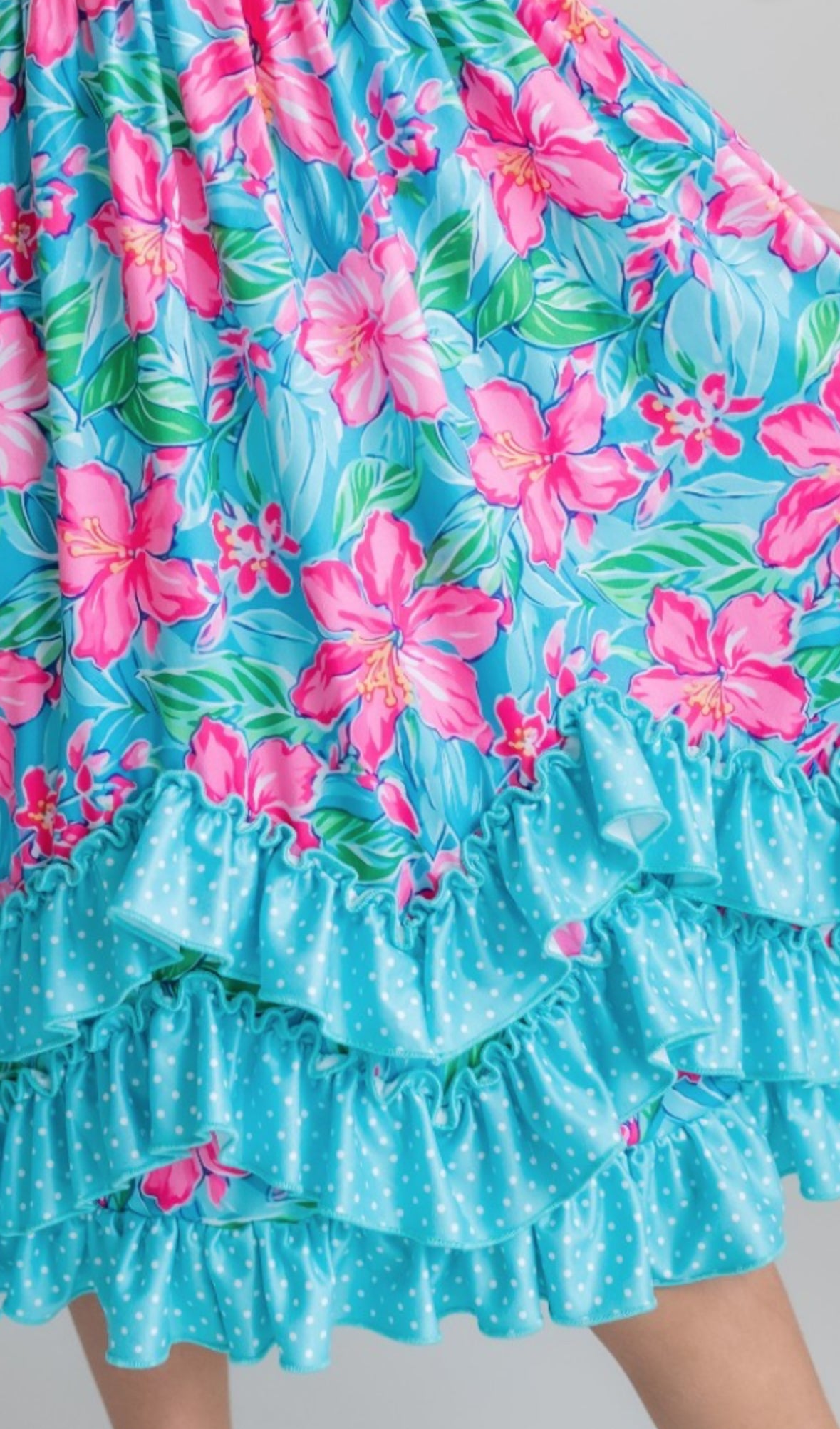 Pink Blue Tropical 3 Ruffle Easter Dress