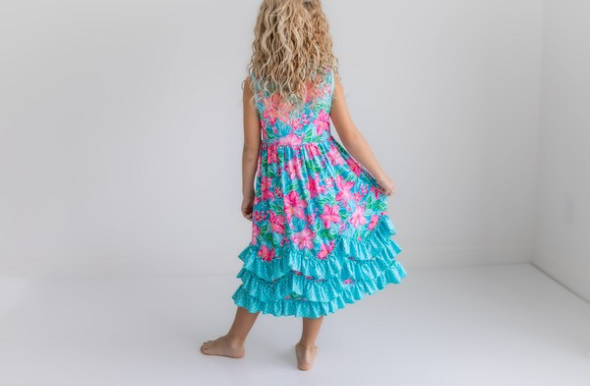 Pink Blue Tropical 3 Ruffle Easter Dress