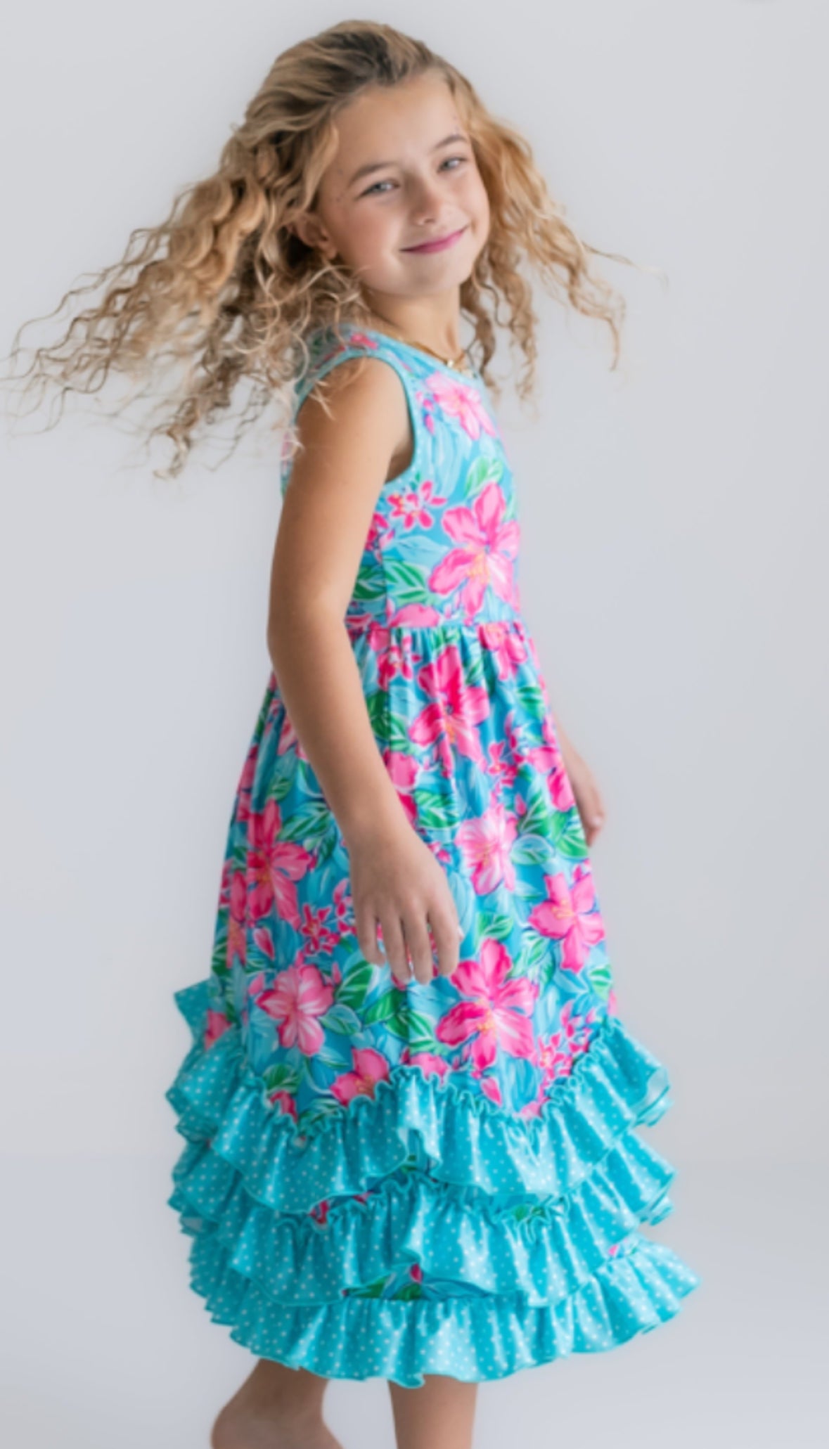 Pink Blue Tropical 3 Ruffle Easter Dress