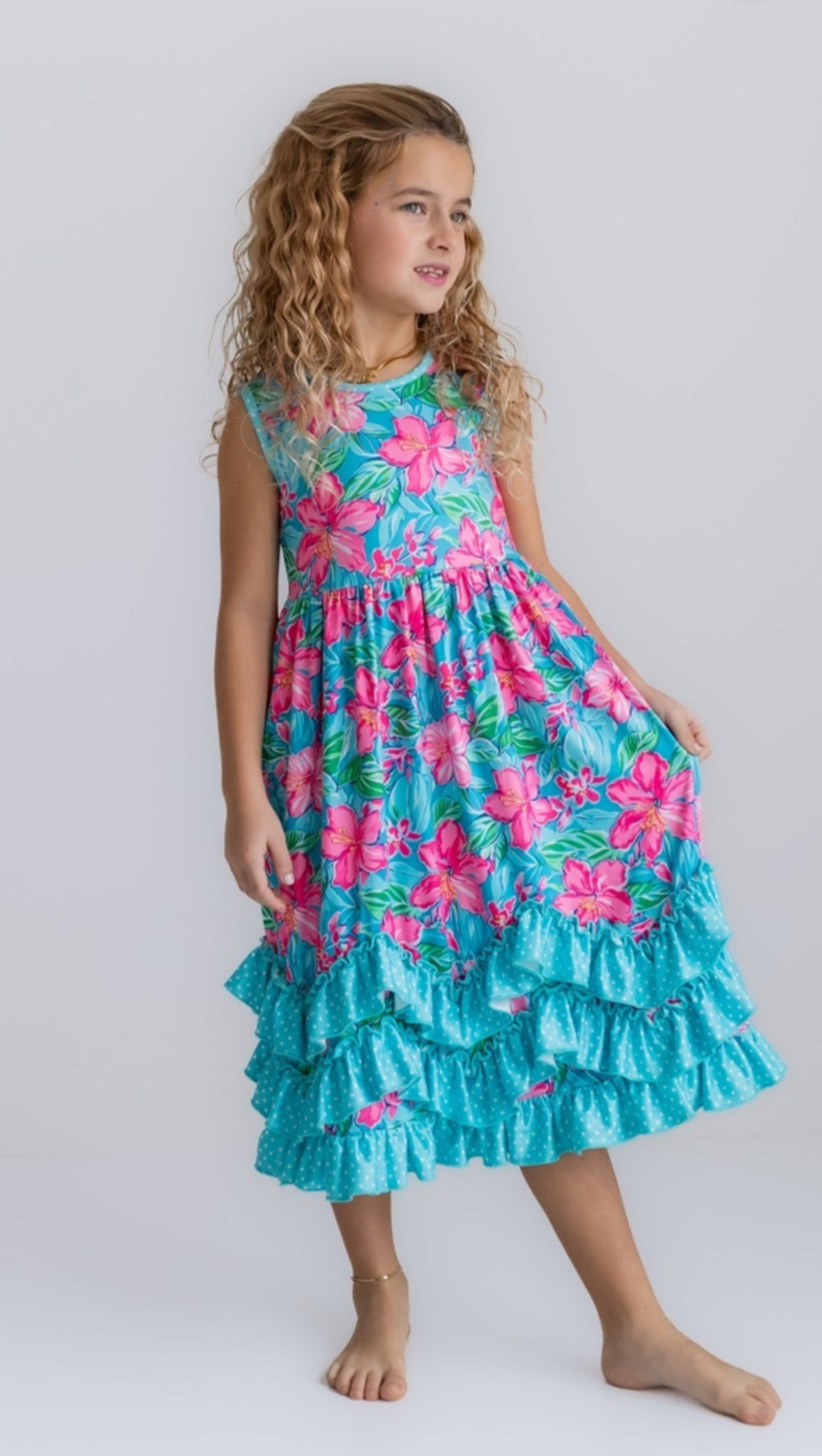 Pink Blue Tropical 3 Ruffle Easter Dress