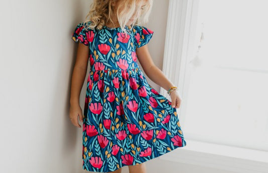 Kids Blue Floral Flutter Sleeve Spring Dress