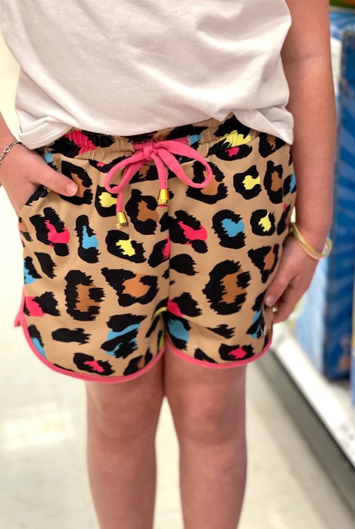 Jess Lea KIDS SPLASH OF COLOR LEOPARD DRAWSTRING EVERYDAY SHORTS