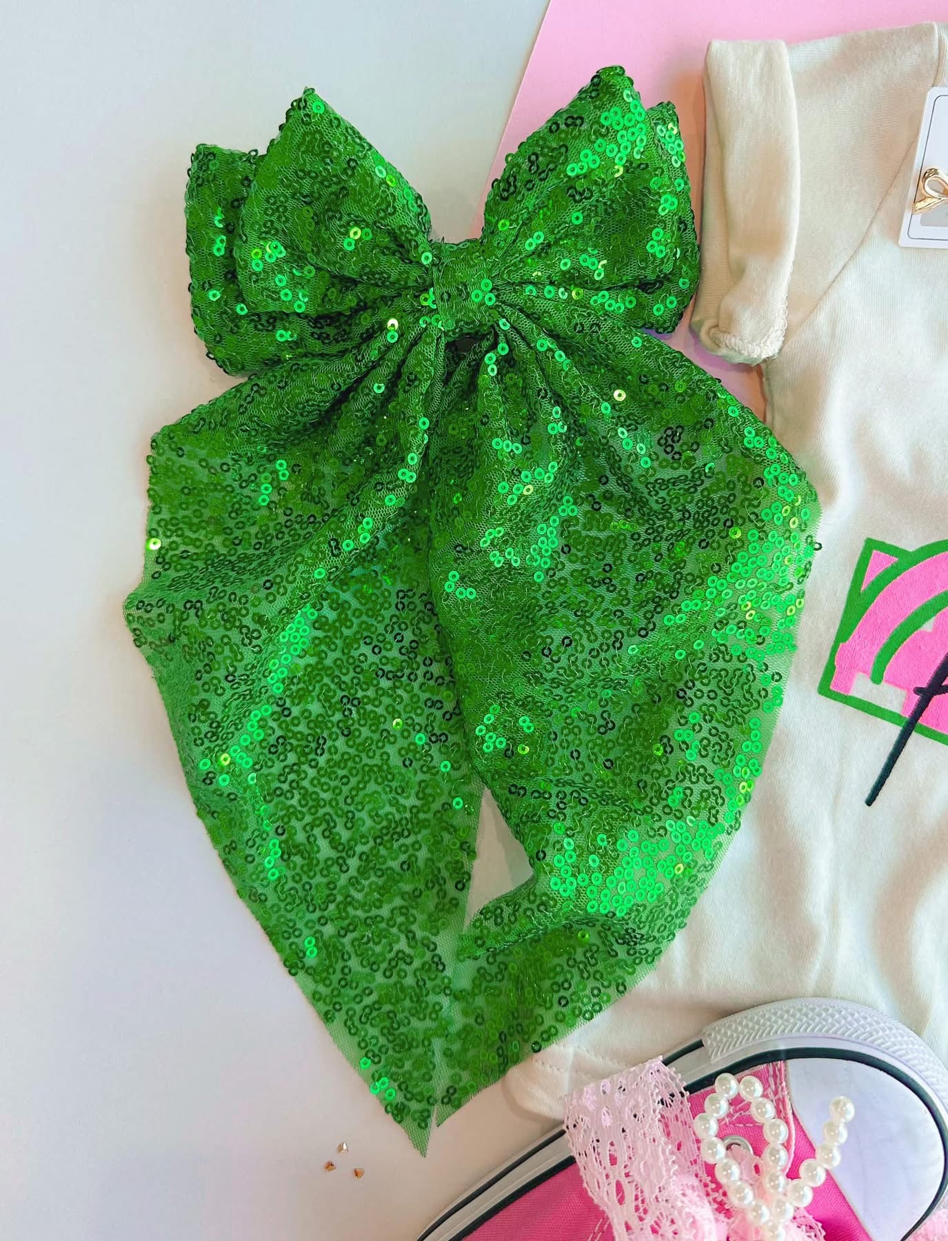SEQUIN LONG BOW-GREEN
